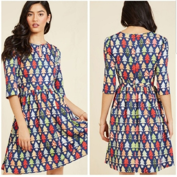 Modcloth Fervour Christmas Tree A-Line Dress - Picture 1 of 3
